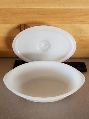 Glassbake, White Milk Glass Covered Casserole Dish. Made In USA